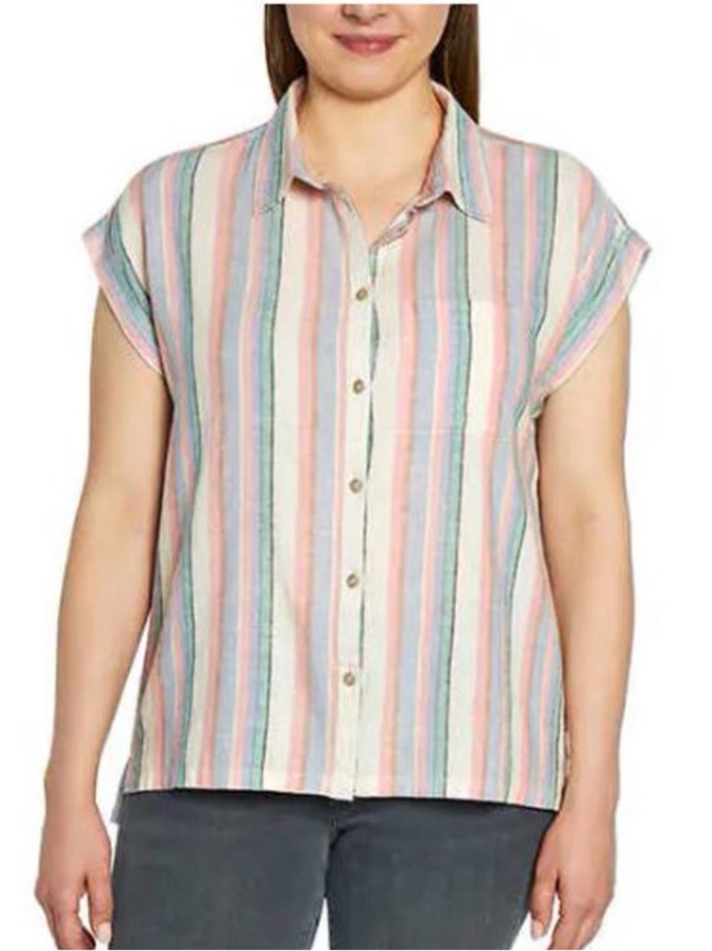 Orvis Women Dressy Casual Striped Short-Sleeve Button-Down Shirt Linen size S